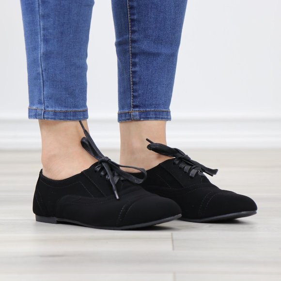 Black Faux Nubuck Lace up Flat Heel Oxford Style Shoes - Picture 2 of 12
